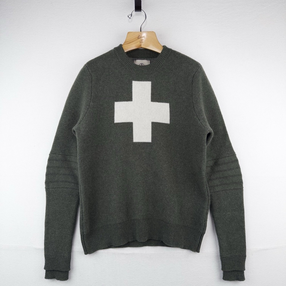 Alps & Meters Original Ski Race Knit Patrol Wool Cross Sweater Men's S Green